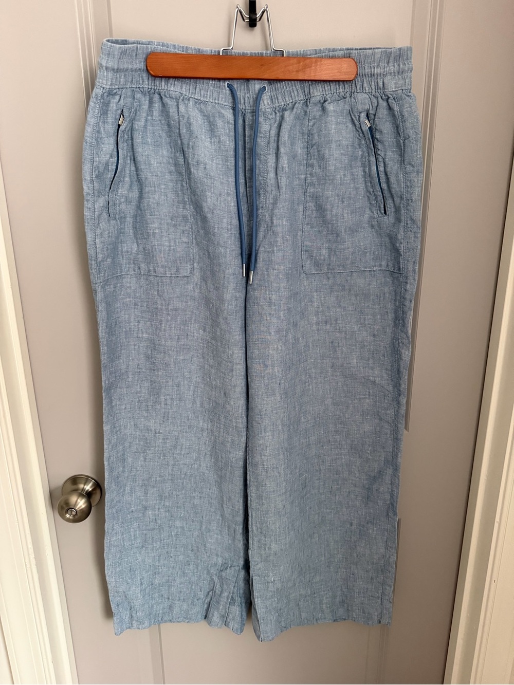 Athleta Wide Leg Retreat LINEN Split Hem Pants Drawstring Waist Blue Chambray 14